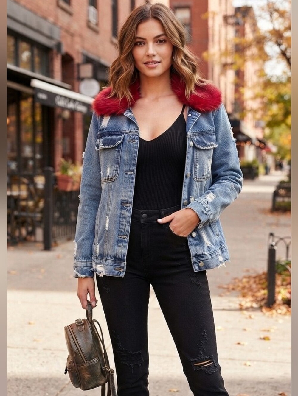 Blank NYC Blue Denim Jack Red Faux Fur Removable Distressed Relaxed Fit Small